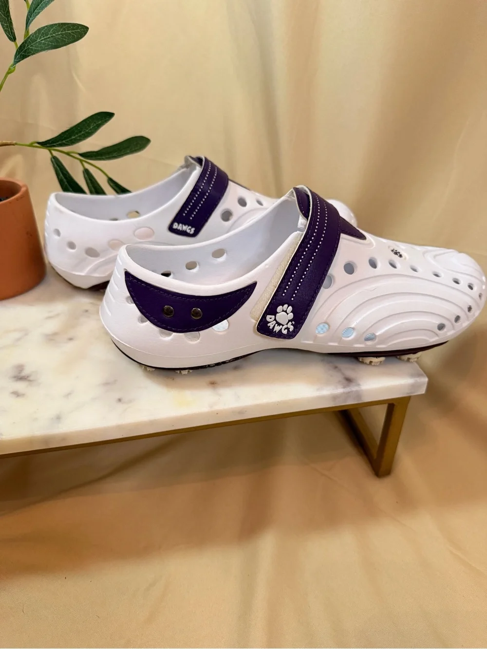 Dawgs White Clog with Purple Strap and Paw Accent